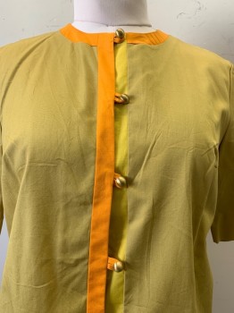 Saks Fifth Ave, Gold, Orange, Yellow, Cotton, Polyester, Color Blocking, S/S, Crew Neck, Button Front,