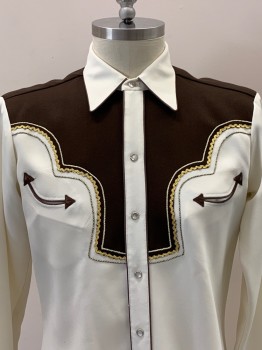 H BAR C, Off White, Dk Brown, Gold, Polyester, Color Blocking, L/S, Snap Button Front, Collar Attached, Chest Pockets, Brown And Gold Piping