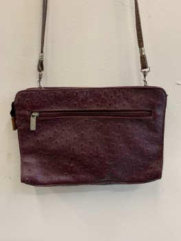 BUENO, Wine Red, Tan Brown, Faux Leather, Color Blocking, Text, Crossbody, Long Strap, Gold Medallion with "B" Etched CF, 1 Large Zipper Pckt, 1 Small Zipper Side Pckt, Aged/Distressed,