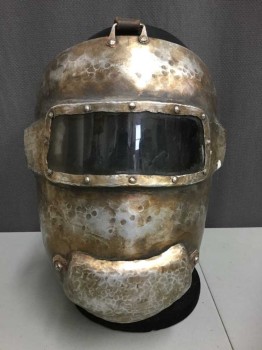 MTO, Silver, Brown, Metallic/Metal, Pounded Metal Face Shield Mask, Clear Plastic Eye Shield, Leather Straps,