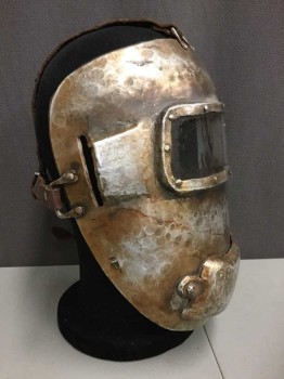 MTO, Silver, Brown, Metallic/Metal, Pounded Metal Face Shield Mask, Clear Plastic Eye Shield, Leather Straps,