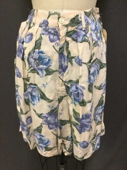 GAP, Peach Orange, Periwinkle Blue, Olive Green, Rayon, Floral, Double Pleats, 2 Pockets,
