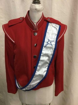 FRUHAUF UNIFORMS, Red, Silver, Polyester, Solid, Red Gabardine, Zip and Snap Front, Faux Buttons, Epaulets, Shoulders Edged with Silver, Can Also Rent with It Separately Silver and Blue Star Sash See Photo Attached,  Or Red White and Blue Star Front Rented Separately See Photo Attached, Multiples