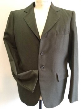 N/L, Olive Green, Wool, Solid, Single Breasted, 3 Buttons,  Notched Lapel, 3 Pockets,