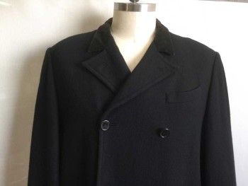MTO, Black, Wool, Synthetic, Solid, Black, Black Velvet Collar Attached, Notched Lapel, 4 Pockets,