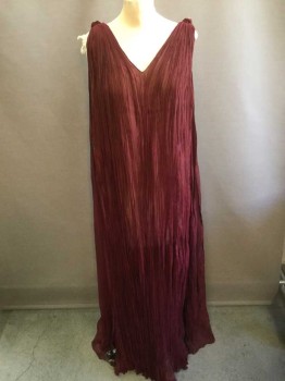 MTO, Red Burgundy, Tan Brown, Silk, Solid, Finely Pleated Chiffon, Sleeveless, V-neck, Detachable Drape with Hook & Eye Closures at Each Shoulder, Hook & Eye Closures at Side, Beige Chiffon Underlayer, Floor Length Hem