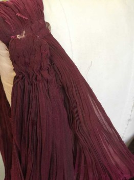 MTO, Red Burgundy, Tan Brown, Silk, Solid, Finely Pleated Chiffon, Sleeveless, V-neck, Detachable Drape with Hook & Eye Closures at Each Shoulder, Hook & Eye Closures at Side, Beige Chiffon Underlayer, Floor Length Hem