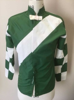 WEST COAST RACING, Green, White, Nylon, Color Blocking, Jockey Windbreaker - Green with White Diagonal 4" Wide Stripe/Panel Across Front, White Checkerboard Square Panels on Sleeves, White 3D Bow at Center Front Neck, Velcro Closures at  Front, Stand Collar, No Lining, "ART WALKER" Embroidered at Underside of Front Closure