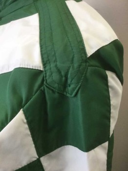 WEST COAST RACING, Green, White, Nylon, Color Blocking, Jockey Windbreaker - Green with White Diagonal 4" Wide Stripe/Panel Across Front, White Checkerboard Square Panels on Sleeves, White 3D Bow at Center Front Neck, Velcro Closures at  Front, Stand Collar, No Lining, "ART WALKER" Embroidered at Underside of Front Closure
