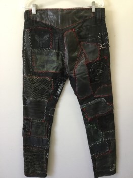 R13, Black, Red, Green, White, Cotton, Leather, Patchwork, Novelty Pattern, Zip Front, 4 Pockets, Belt Loops, Painted, Torn, Patched, Net, and Embroidery Thread, Rock and Roll, Post Apocalyptic