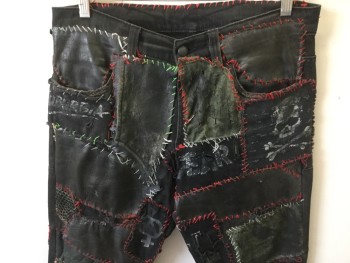 R13, Black, Red, Green, White, Cotton, Leather, Patchwork, Novelty Pattern, Zip Front, 4 Pockets, Belt Loops, Painted, Torn, Patched, Net, and Embroidery Thread, Rock and Roll, Post Apocalyptic