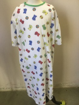 ANGELICA, White, Red, Gray, Yellow, Blue, Polyester, Novelty Pattern, White Flannel with Teddy Bears and Balls, Short Sleeves, Green Crew Neck, Snap Back