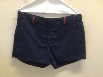 ROBERT BRUCE, Navy Blue, Red, Poly/Cotton, Solid, Late 70's Early 80's Mens Shorts, Zip Fly, 3 Pockets, Navy & Red Stripe Belt Loops