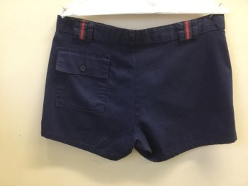 ROBERT BRUCE, Navy Blue, Red, Poly/Cotton, Solid, Late 70's Early 80's Mens Shorts, Zip Fly, 3 Pockets, Navy & Red Stripe Belt Loops