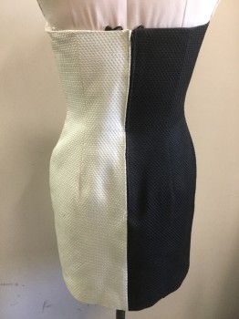 AFTER 5, Ivory White, Black, Acetate, Acrylic, Color Blocking, Strapless, Texture of Triangles, Half Black - Half White, Center Back Zipper, 6 Black and White Buttons in Curve