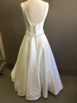 EDDY K, White, Polyester, Nylon, Solid, Princess Seams, Low Back with Zipper and Many Tiny Buttons, Full Skirt, Sleeveless, Nice Quality Weave of Fabric Mimicking a Silk Faille