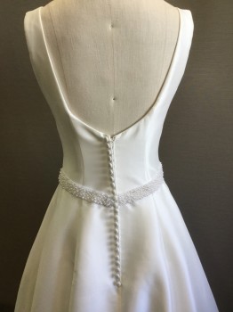 EDDY K, White, Polyester, Nylon, Solid, Princess Seams, Low Back with Zipper and Many Tiny Buttons, Full Skirt, Sleeveless, Nice Quality Weave of Fabric Mimicking a Silk Faille
