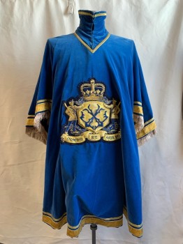 MTO, French Blue, Cotton, Solid, Royal Court, Military, Velvet, V-neck, High Collar Attached, Hook & Eye Collar, Gold Ribbon Trim, Gold Fringe, Squared Off Shoulders, Gold Rope Tassel Side Ties, Embroidered Royal Applique Attached Front, Open Sides, Multiple