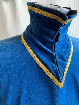 MTO, French Blue, Cotton, Solid, Royal Court, Military, Velvet, V-neck, High Collar Attached, Hook & Eye Collar, Gold Ribbon Trim, Gold Fringe, Squared Off Shoulders, Gold Rope Tassel Side Ties, Embroidered Royal Applique Attached Front, Open Sides, Multiple
