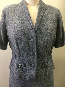 EDITH MARTIN, Navy Blue, White, Synthetic, 2 Color Weave, Textured, 3 Buttons,  Single Breasted, 2 Hip Bows with Rhinestones, Unlined