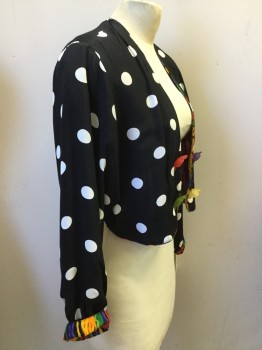 PLATINUM, Black, White, Red, Rayon, Black & White Polka Dot Jacket, Multicolor Stripe Lining, Red, Purple, Green & Yellow Big Flower Buttons, No Collar, Worn Open