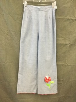 CATHERINE CARR, Denim Blue, Red, Green, White, Polyester, Cotton, Solid, Chambray Wide Leg Pants, Red Rick Rack Trim, Patterned Fabric Attached Flower Near Hem, Side Zip, Darts