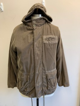GENERRA, Brown, Cotton, Polyester, Solid, Puffy Winter Coat, Thinly Ribbed Corduroy, Zip and Snap Front, Hooded, 3 Pockets, Drawstring at Back Waist, Quilted Lining,