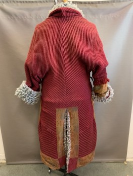 MTO, Red Burgundy, Lt Gray, Lt Brown, Rust Orange, Cotton, Acrylic, Solid, Patchwork, Shawl Collar, Ties at Left Side Waist and Inside of Waist, Gray Faux Fur Cuffs and Lining, Patchwork at Hem, and Back Bottom, 1 Back Vent, Slits at Sides
