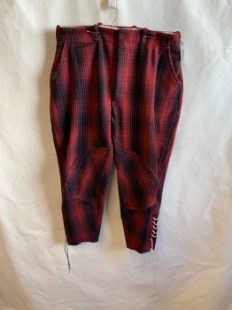 FIELD MASTER, Red, Black, Wool, Plaid, Breeches, Side Pockets, Button Front, 2 Welt Pockets, Lace Up on Side Hem