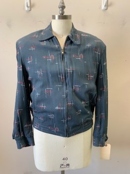 N/L, Gray, Red, White, Cotton, Print, Novelty Pattern, Zip Front, Collar Attached, 2 Pockets, Hatched Geometrical Pattern, Multiple, 1950's