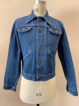 WRANGLER, Denim Blue, Cotton, Solid, L/S, B.F., Collar Attached, Chest And Slant Pockets