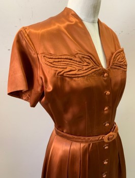 N/L, Rust Orange, Silk, Solid, Cocktail Dress, Satin, S/S, Narrow V-Neck with Trapunto Quilted Leaves Across Bust, Shirtwaist with Self Fabric Buttons, A-Line Skirt with Double Pleats at Waist, Knee Length, with Matching Belt (CF033447)