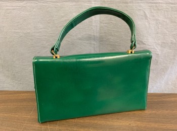 N/L, Emerald Green, Leather, Solid, Patent Leather, Envelope Front with Small Gold Clasp, Self Strap, Black Faille Lining, in Good Shape