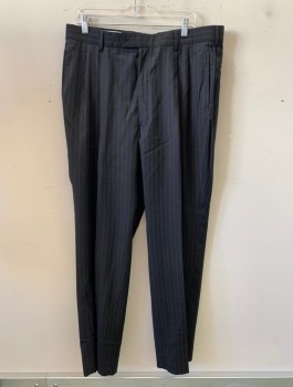 CLAIBORNE, Charcoal Gray, Gray, Wool, Acetate, Stripes - Chalk , Double Pleat