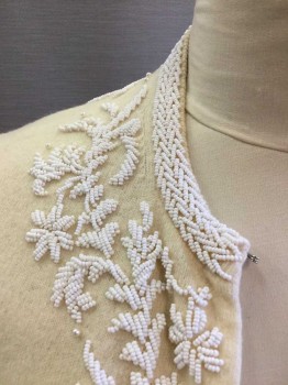 GYN LES, Cream, White, Wool, Beaded, Solid, Floral, Knit, White Seed Beads & Pearls, Hook & Eyes, Crew Neck, Lined, Cardigan