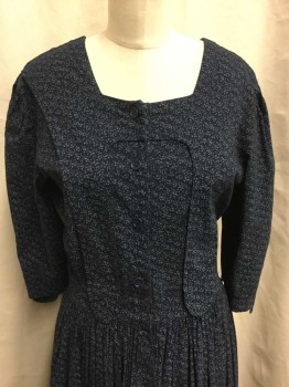 NO LABEL, Navy Blue, Blue, Cotton, Floral, Half Length Sleeve, Button Front Placket, Clasp Closure At Waist, Hem Below Knee, Rouching At Shoulders,