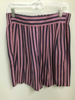 N/L, Mauve Pink, Navy Blue, Stripes - Vertical , Culotte Shorts, High Waisted, W/Smocking At Center Back Waistband, Double Pleats, 7"Inseam, Side Pockets,