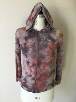 HUDSON, Gray, Purple, Red, Cotton, Tie-dye, Zip Up, Hood, Long Sleeves, Ribbed Knit Cuff, 2 Pockets
