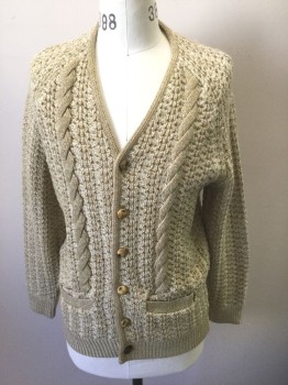 N/L, Beige, White, Acrylic, Speckled, Cardigan, Speckled Ribbed Knit, with Cabled Stripes on Either Side, Long Sleeves, V-neck, 6 Buttons, 2 Welt Pockets