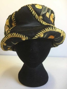 MTO, Black, Gold, Yellow, Green, Silk, Floral, Machine Floral Embroidery on Circles Applied to the Hat, Cloche, Flapper, Bobbed Hair, Downton Abbey, Roaring 20s,