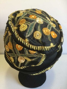 MTO, Black, Gold, Yellow, Green, Silk, Floral, Machine Floral Embroidery on Circles Applied to the Hat, Cloche, Flapper, Bobbed Hair, Downton Abbey, Roaring 20s,