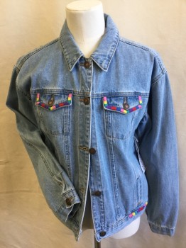 FOREVER 21, Lt Blue, Cotton, Solid, Light Blue Denim, Collar Attached, Brass Button Front,  4 Pockets, Long Sleeves, Pink/peach/yellow/green/purple/red/teal Blue on Pocket Flaps Trim,  Partial Side Hem & Upper Back