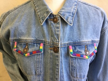 FOREVER 21, Lt Blue, Cotton, Solid, Light Blue Denim, Collar Attached, Brass Button Front,  4 Pockets, Long Sleeves, Pink/peach/yellow/green/purple/red/teal Blue on Pocket Flaps Trim,  Partial Side Hem & Upper Back