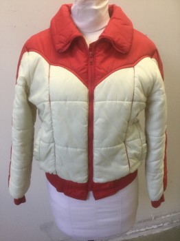 ASPEN, Ecru, Red, Nylon, Solid, Puffer Jacket, Ecru with Red Accents at Collar, Shoulders, Outer Sleeves & Waistband, Quilted Nylon, Zip Front, Collar Attached, 2 Pockets,