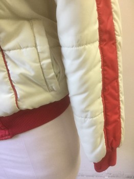 ASPEN, Ecru, Red, Nylon, Solid, Puffer Jacket, Ecru with Red Accents at Collar, Shoulders, Outer Sleeves & Waistband, Quilted Nylon, Zip Front, Collar Attached, 2 Pockets,
