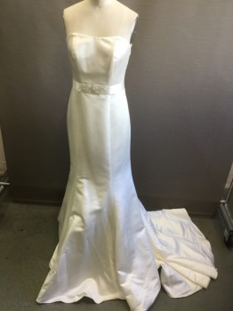 DAVID'S BRIDAL, White, Polyester, Nylon, Solid, Strapless, Belt with Rhinestones, Center Back Zipper with Tiny Fabric Covered Buttons, Train, Fabric is Mimicking a Silk Duchess Satin