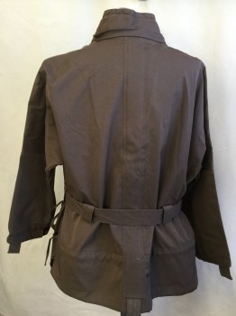 FOX 28, Brown, Polyester, Cotton, Solid, Collar Attached, Hidden Zip Front with Dark Brown Snaps, 2 Half Circle Pockets with Thin Ties, Long Sleeves with Elastic Cuffs, **Detachable Self Belt