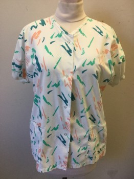 ANGELICA, White, Peach Orange, Teal Green, Green, Poly/Cotton, Novelty Pattern, 80's Squiggle Pattern on White, Jacket, Snap Front, Dolman Short Sleeves, White Ribbed Knit Cuff, 2 Pockets