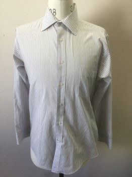 VAN HEUSEN, White, Slate Blue, Tan Brown, Poly/Cotton, Stripes - Pin, White with Slate Blue and Tan Vertical Stripes, Long Sleeve Button Front, Collar Attached, 1 Patch Pocket,