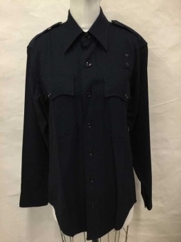 FLYING CROSS, Midnight Blue, Wool, Solid, Police Shirt, Long Sleeves, Button Front,  Collar Attached, 2 Bat Wing Pockets, Epaulettes
